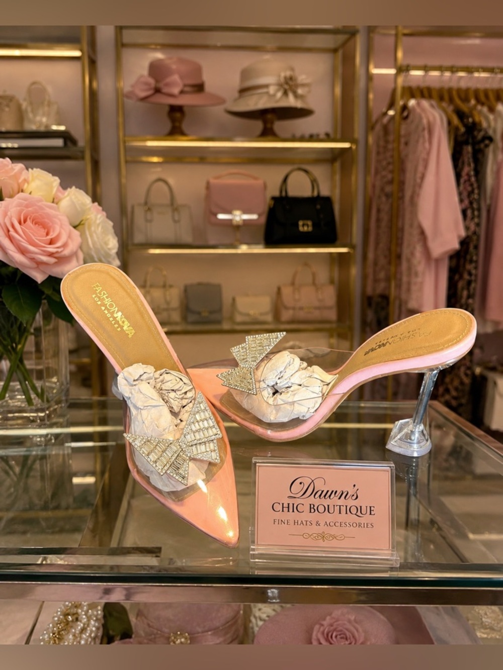 Fashion Nova Blush Clear Patent Pointed-Toe Mule with Crystal Lightning Accent